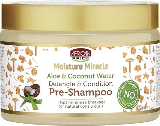 African Pride Moisture Miracle Aloe & kokoswater, ontwarren & conditioneren pre-shampoo